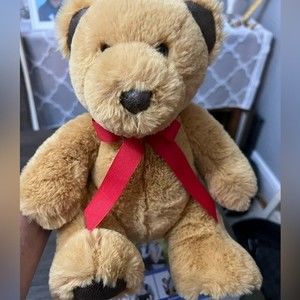 Teddy Bear Charlie The Bear by Aurora Brown Red Bow 15" Faux Leather Ears Nose